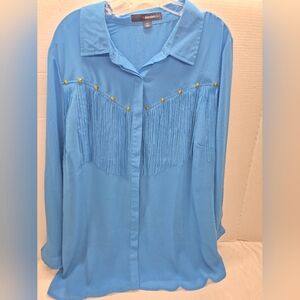 Denim 24/7 Blue Button Down Shirt with Fringe